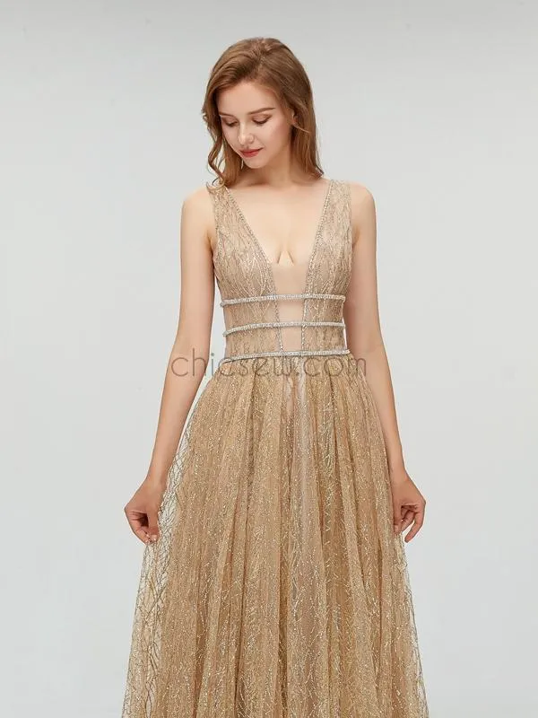 Sparkly A-line Open Back Long Evening Prom Dresses SDP1109