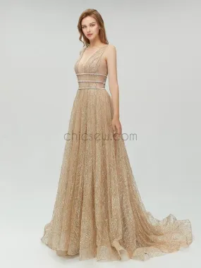 Sparkly A-line Open Back Long Evening Prom Dresses SDP1109