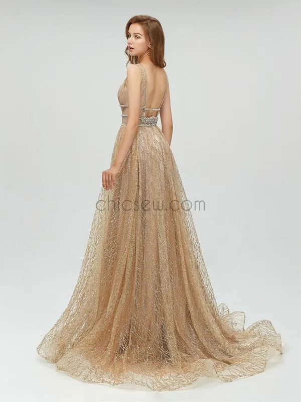 Sparkly A-line Open Back Long Evening Prom Dresses SDP1109