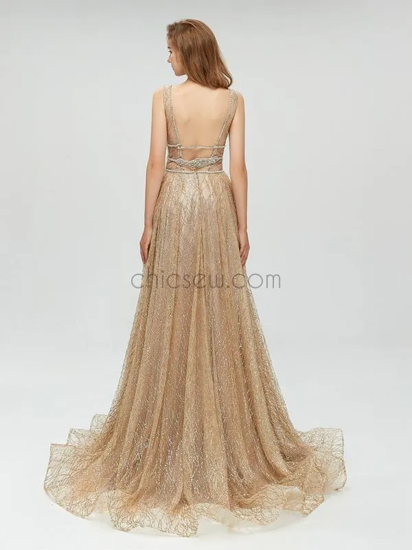 Sparkly A-line Open Back Long Evening Prom Dresses SDP1109