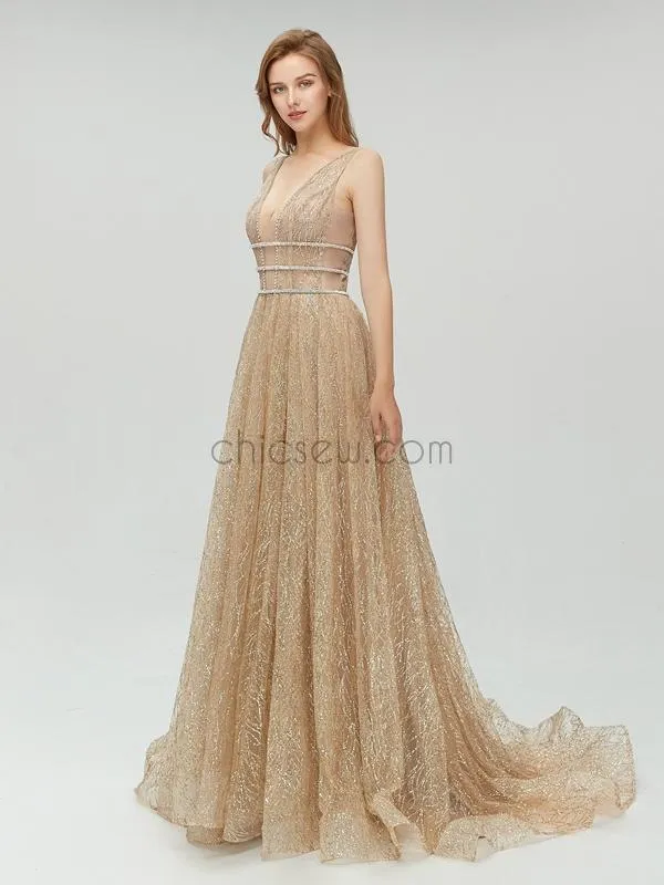Sparkly A-line Open Back Long Evening Prom Dresses SDP1109