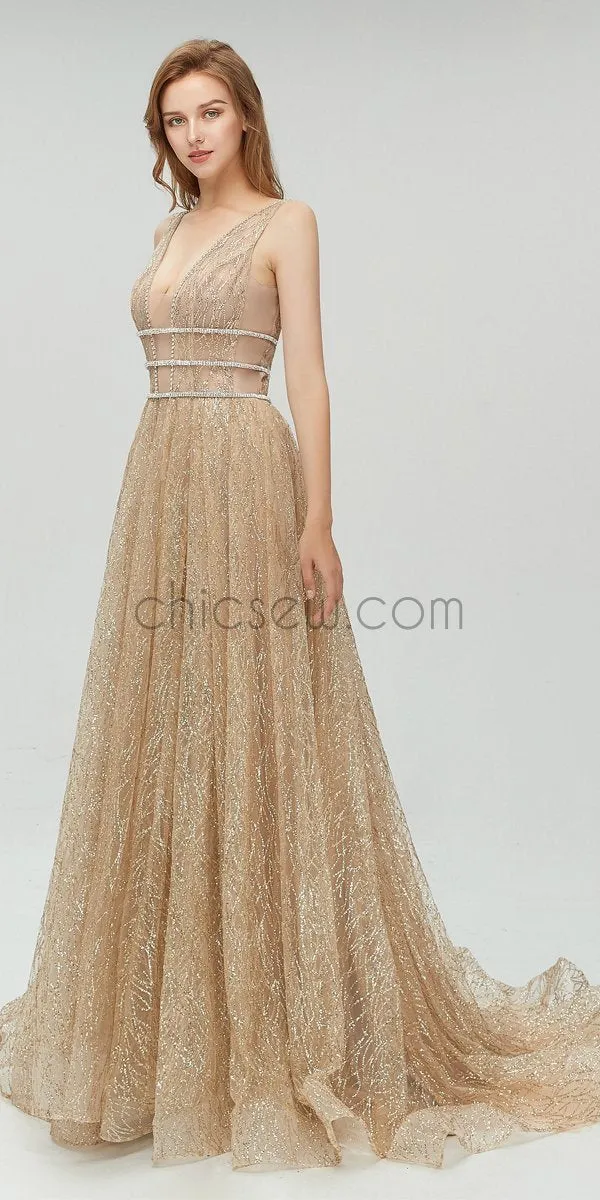 Sparkly A-line Open Back Long Evening Prom Dresses SDP1109