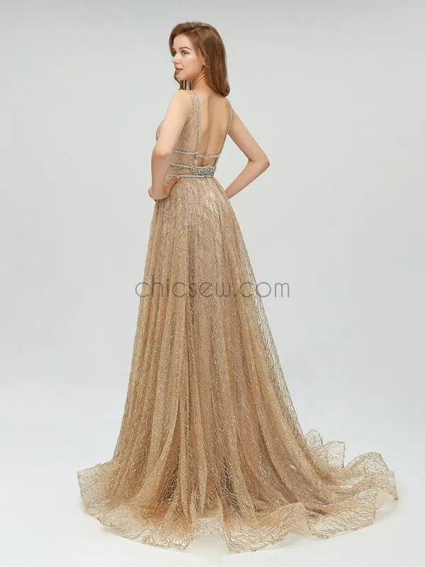 Sparkly A-line Open Back Long Evening Prom Dresses SDP1109