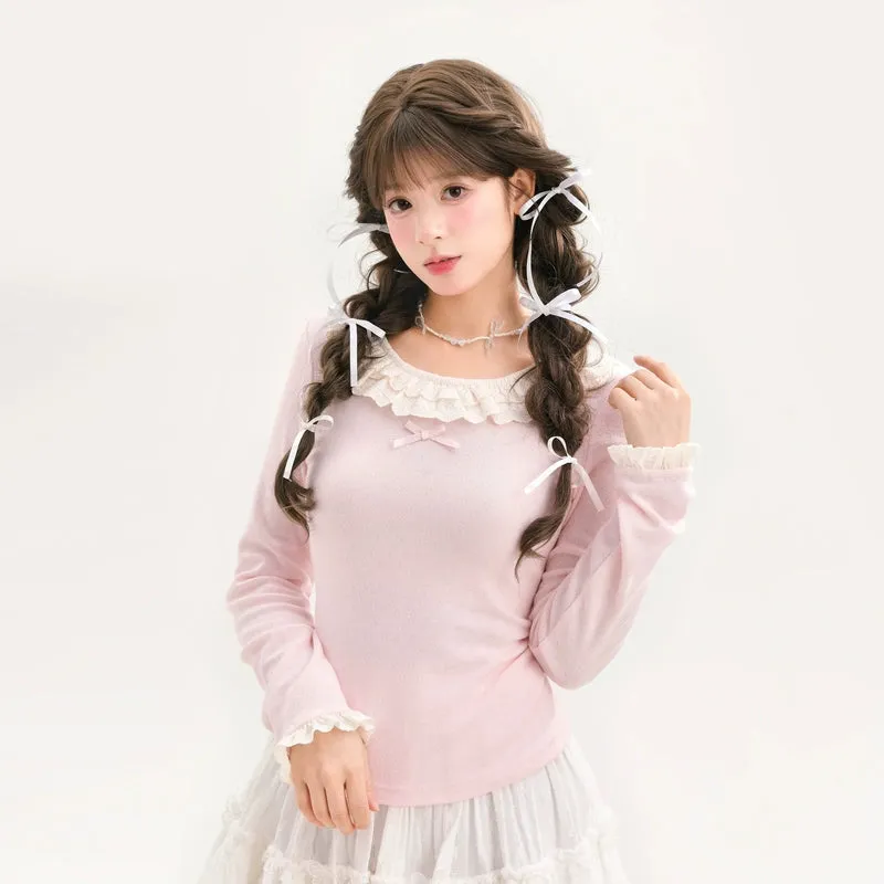 Sweet Solid Color Lace Bottoming Shirt