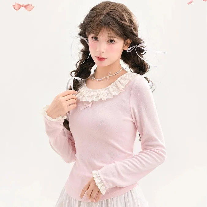 Sweet Solid Color Lace Bottoming Shirt