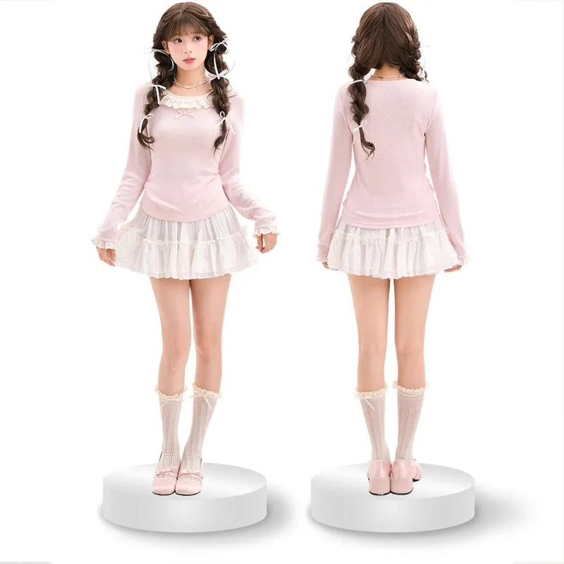 Sweet Solid Color Lace Bottoming Shirt