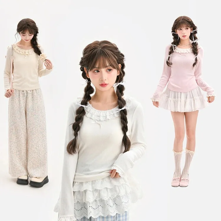 Sweet Solid Color Lace Bottoming Shirt