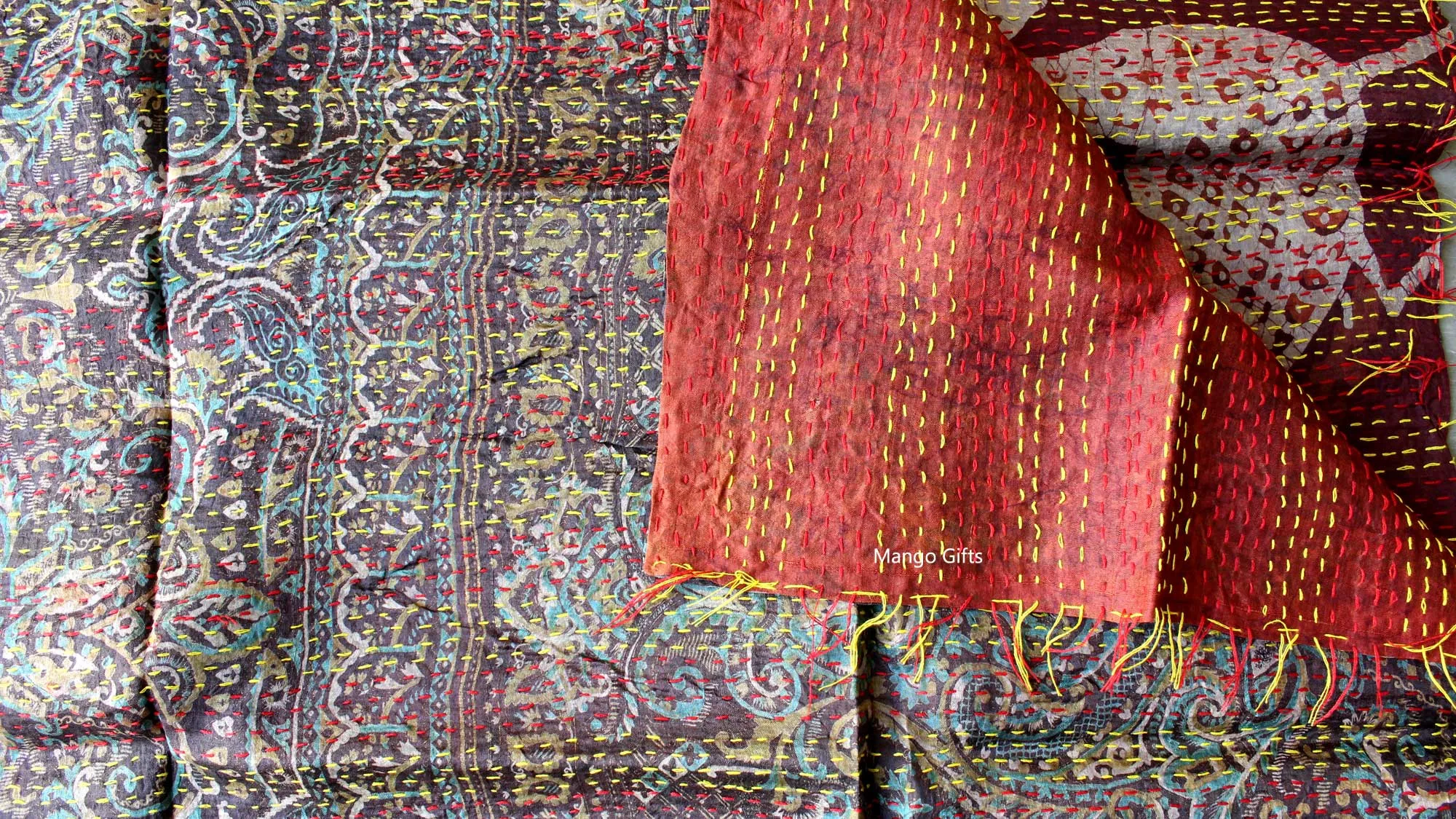 Vintage Kantha Silk Scarves Scarf Reversible 100%Silk Sari Saree Wraps Indian Dupatta Wholesale Supply