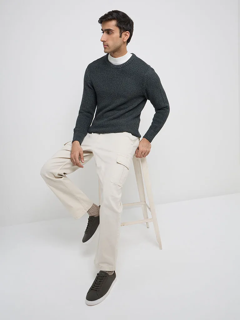 WES Casuals Dark Green Knit-Textured Slim-Fit Sweater