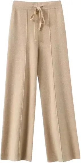 Women's Knitted Wool Wide Leg Pants Casual High Waist Lace Up Wide Leg Pants  S0889415